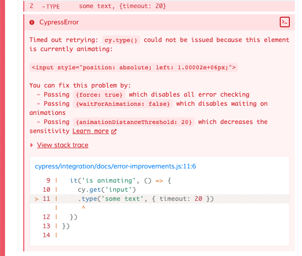 cy.method() failed because element is animating